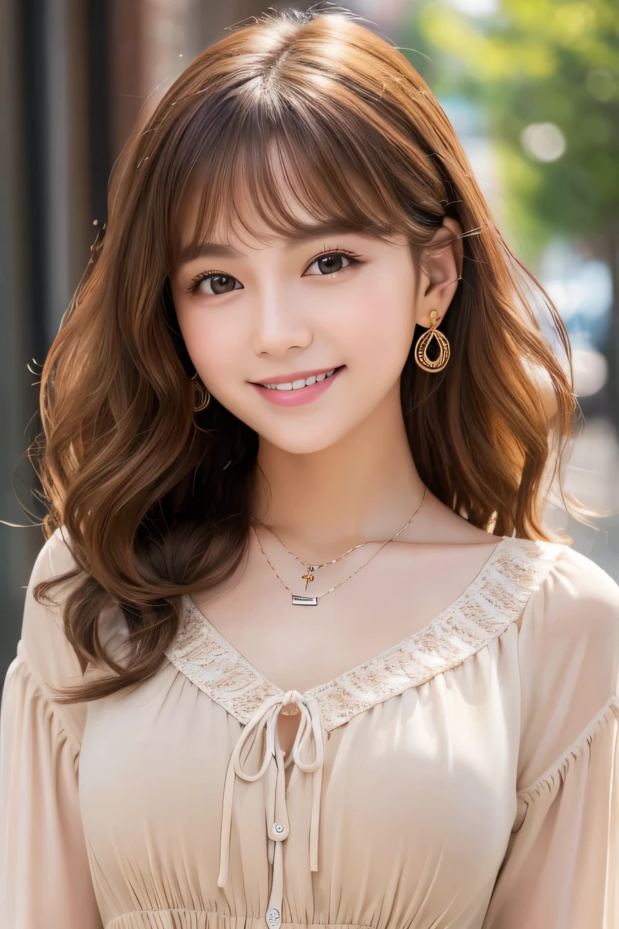 young woman、Light brown hair、、Curly Hair、ear piercing、Necklace around the neck、blouse、Closed Mouth Smile、Intricate details, Very detailed:1.2), 、 Looking into the camera,The background is the office