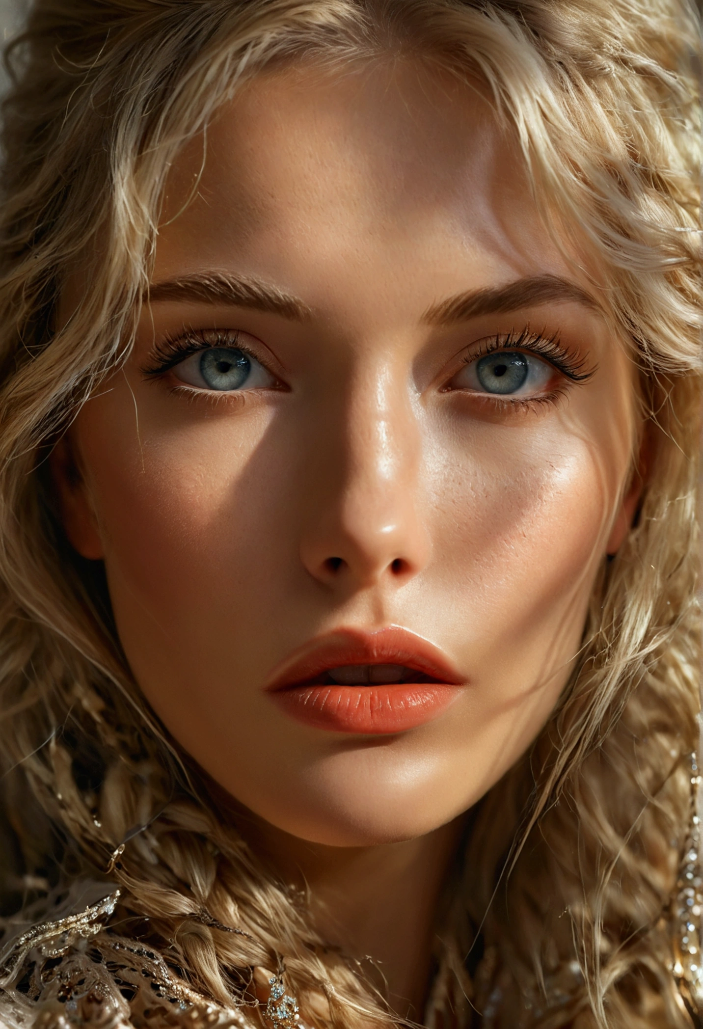 30 year old beautiful Russian blonde model, detailed face, long beautiful hair, close-up, beautiful detailed eyes, beautiful detailed lips, extremely detailed face, long eyelashes, elegant pose, cinematic lighting, warm tones, high detail, 8k, photorealism, masterpiece