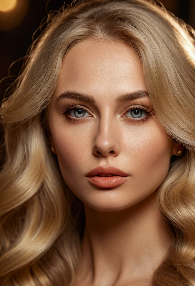 30 year old beautiful Russian blonde model, detailed face, long beautiful hair, close-up, beautiful detailed eyes, beautiful detailed lips, extremely detailed face, long eyelashes, elegant pose, cinematic lighting, warm tones, high detail, 8k, photorealism, masterpiece