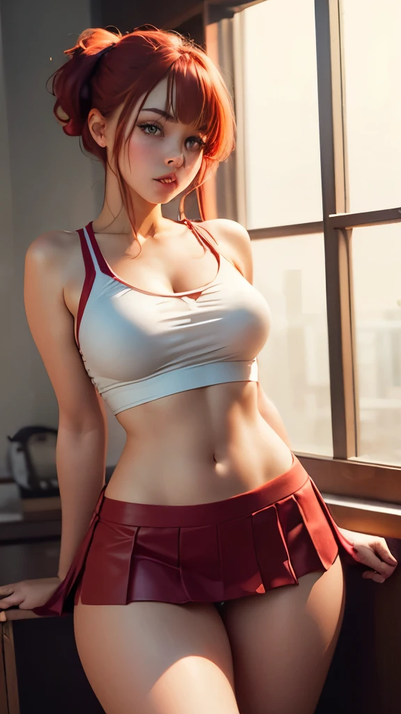 Irresistible girl, 4k, The best quality, perfect lighting, perfect body, very sensual, Red hair, with bangs, hair tied, wearing red skirt, White socks, very sexy poses, otra succubu very sensual posa con ella, hazla sexiest, sexiest, mucho sexiest, 4k, Maximum quality, showing the ass, thick thighs, perfect thighs 