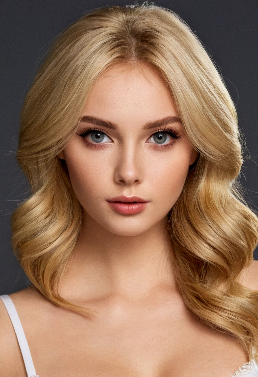 Belle mannequin blonde russe de 20 ans, gros seins, en sous vêtements,  visage détaillé, de longs et beaux cheveux, fermer, beaux yeux détaillés, belles lèvres détaillées, extremely visage détaillé, long cils, pose élégante, éclairage cinématographique, tons chauds, détail élevé, 8k, photoréalisme, chef-d&#39;œuvre