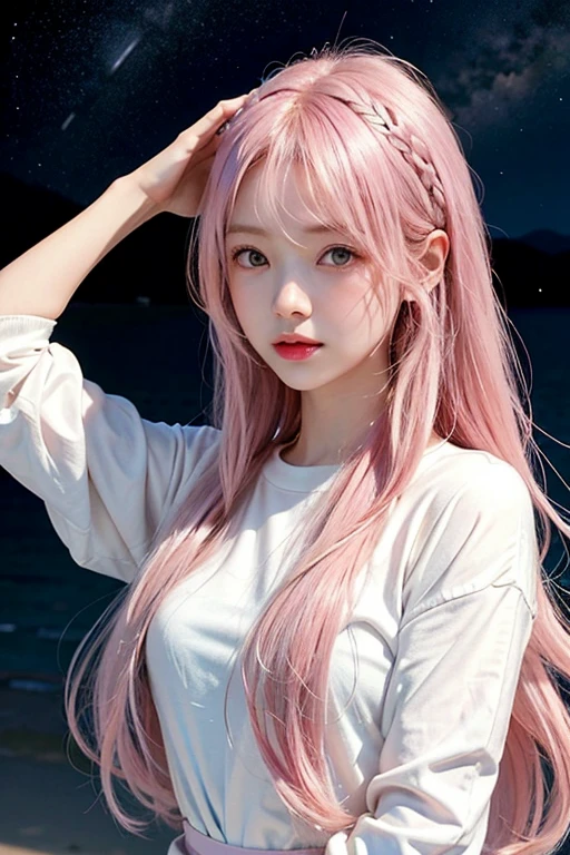 Ai Hoshino, beige pink hair, Blue Hair,Long Hair, favorite , beautiful, Shining Eyes, the stars are reflected in my eyes, Idol,, 1 girl, Long pink hair