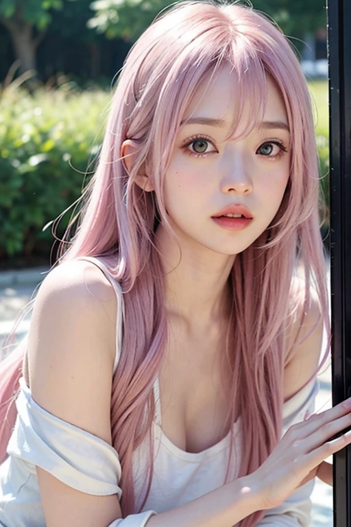 Ai Hoshino, beige pink hair, Blue Hair,Long Hair, favorite , beautiful, Shining Eyes, the stars are reflected in my eyes, Idol,, 1 girl, Long pink hair