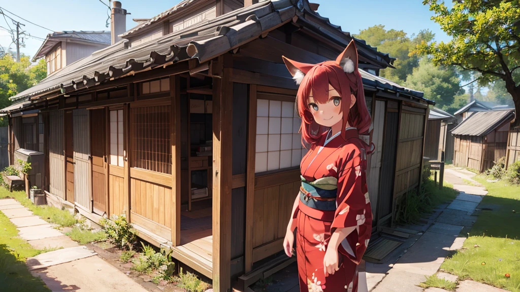1girl with long ((!red hair))), amber eyes, fox ears, slender body, fox tail, ((red kimono)), sandals, Japanese cottage on background, evening, POV, smiling,face to camera, cottage door on background