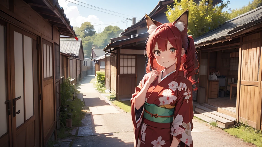 1girl with long ((!red hair))), amber eyes, fox ears, slender body, fox tail, ((red kimono)), sandals, Japanese cottage on background, evening, POV, smiling,face to camera, cottage door on background