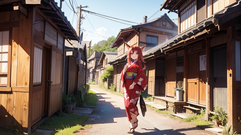 1girl with long ((!red hair))), amber eyes, fox ears, slender body, fox tail, ((red kimono)), sandals, Japanese cottage on background, evening, POV, smiling,face to camera, cottage door on background