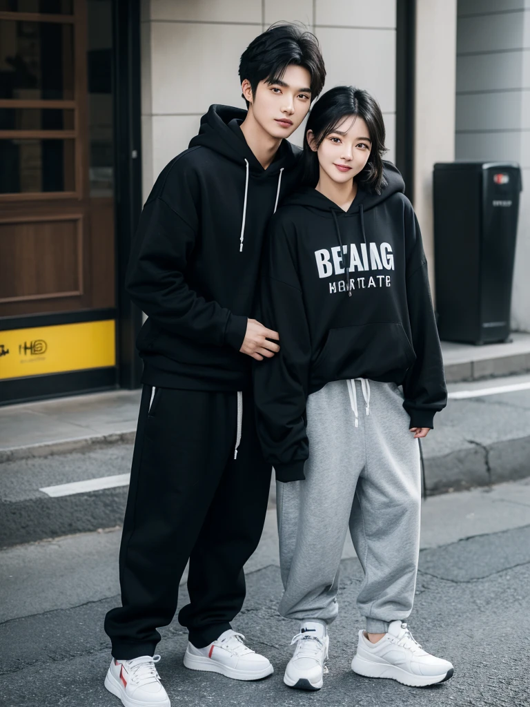 A 25 year old Korean man"black hair model two block hair"height 185 cm"wearing a black hoodie"black baggy trousers"white sneakers" hugging a beautiful woman"with matching clothes"straight black hair"happy face facing the camera"gambar ultra hd" Neat looks real