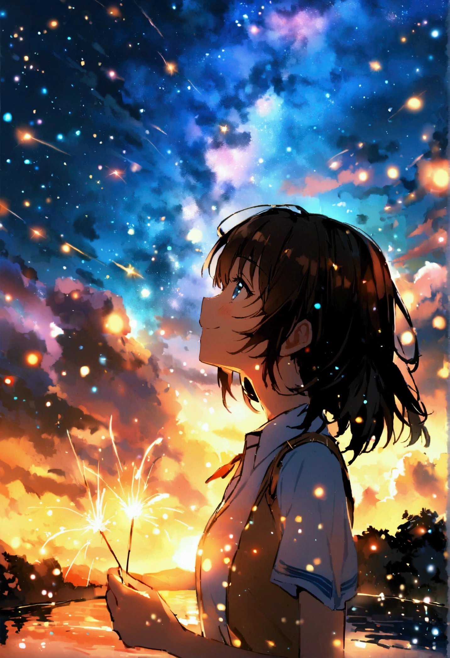 high resolution、Riverside、Night Sky、star、One girl、high school girl、18-year-old、ponytail、Brown Hair、Blue eyes、、Do sparklers、smile、Nothing in my hands