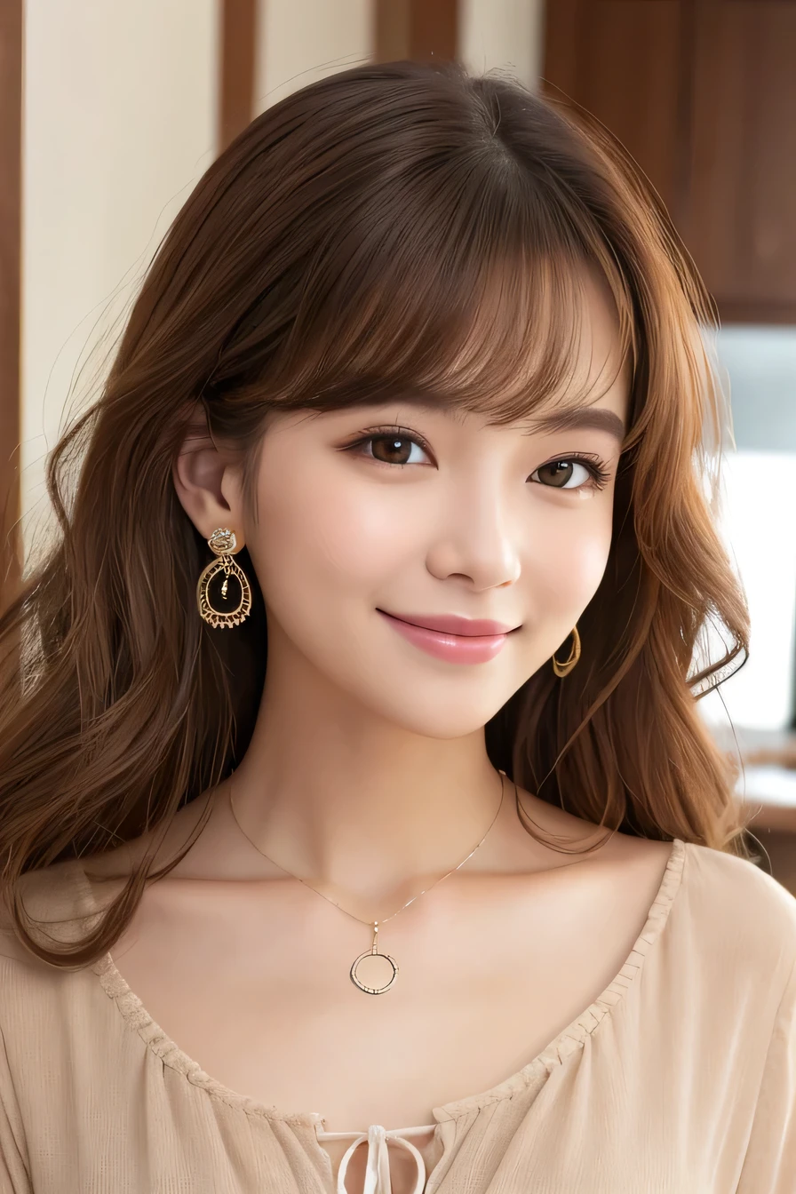 young woman、Light brown hair、、Curly Hair、ear piercing、Necklace around the neck、blouse、Closed Mouth Smile、Intricate details, Very detailed:1.2), 、 Looking into the camera,The background is the office