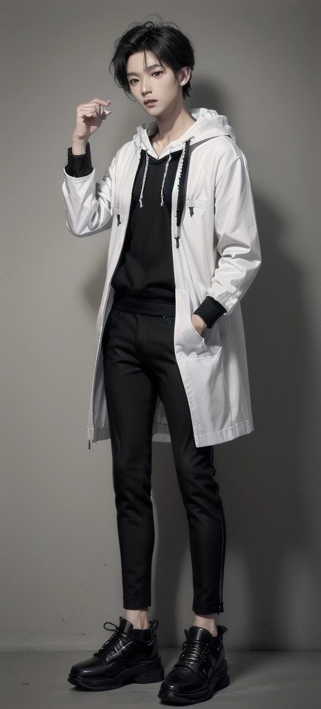 young asian man, Japanese idol style, short clean-cut hair,((fist hands)) , ((center part)), (crisp white lab coat:1.3), ((black hoodie underneath:1.7)), (black pants:1.7), (black shoes:1.7), calm confident expression, explaining pose, plain white background, mid-shot portrait, full body view, high quality, detailed, 8K, (realistic skin texture:1.2), (sharp focus:1.1), (contrast between white coat and black clothing:1.2)