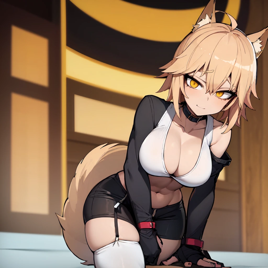 (Best quality, anime style, 1foxgirl, ahoge, short blonde hair, 20 years, tall perfect body), long fox ears, long fox tail, ((sexy unzipped black jacket revealing a sexy white tank top, sexy black lounge shorts, sexy white thigh highs)), yellow eyes, (colossal breasts, thick thighs, wide hips, thick ass, plump ass, sexual), perfect anotomy, super sexy, hourglass figure,