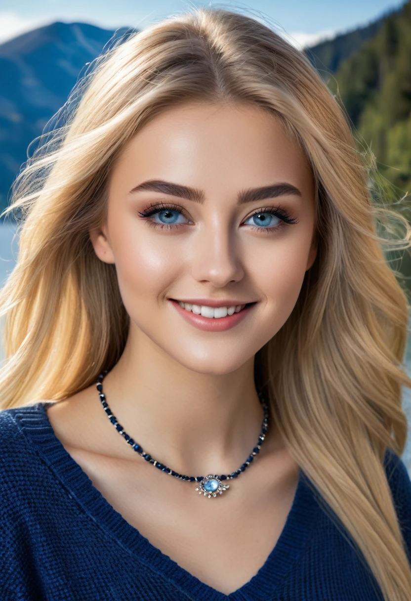 hyperrealistic beautiful busty 18-year-old women with long legs wearing sweater and blue jeans, model shooting full body photography, long blonde hair, dark eye makeup with eyeliner, seductive smile, small necklace, 8K, Best quality, Meisterwerk, ultra high resolution, (Realismus: 1.4), Originalfoto, (realistische Hautstruktur: 1.3), (Filmkorn: 1.3), (Selfie-Winkel), 1 girl, Beautiful round hazel eyes and facial details, Meisterwerk, Best quality, running outdoor mountain area with a crystal clear lake