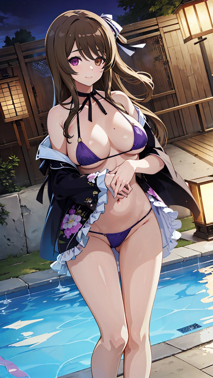 High resolution,masterpiece, Highest quality, Kuo Shenlin , heterochromia , Brown hair, smiling , (((nsfw))) , (((busty))), 1girl, sensual body, Her cheeks flushed, Gravure photography , sexy model, kimono, front open dress , sexy bikini model, purple bikini , micro bikini , pool, city