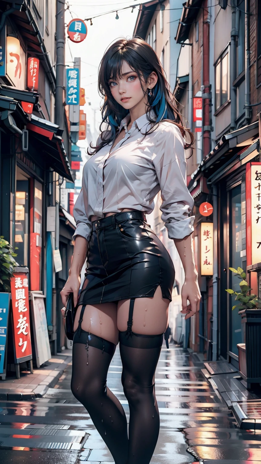 (Highest quality, masterpiece: 1.3), One girl, Wet day, fog, alley, Hold an umbrella, Large and transparent umbrella, Looking at the audience, Blue Hair, Towards the photo, サイbarパンクシティ, alone in the alley, neon in the alley, A very reflective city, Long Hair, sized strands going over the alley, bar, Japan, Tokyo, Garter belt on one leg,  Put a knee pad on the other leg, Perfect hands, delicate, night