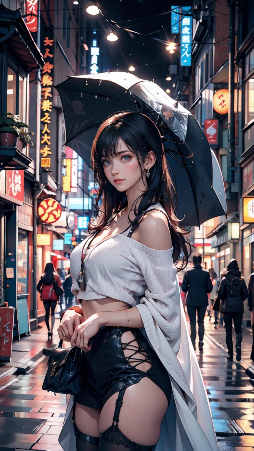 (Highest quality, masterpiece: 1.3), One girl, Wet day, fog, alley, Hold an umbrella, Large and transparent umbrella, Looking at the audience, Blue Hair, Towards the photo, サイbarパンクシティ, alone in the alley, neon in the alley, A very reflective city, Long Hair, sized strands going over the alley, bar, Japan, Tokyo, Garter belt on one leg, Put a knee pad on the other leg, Perfect hands, delicate, night