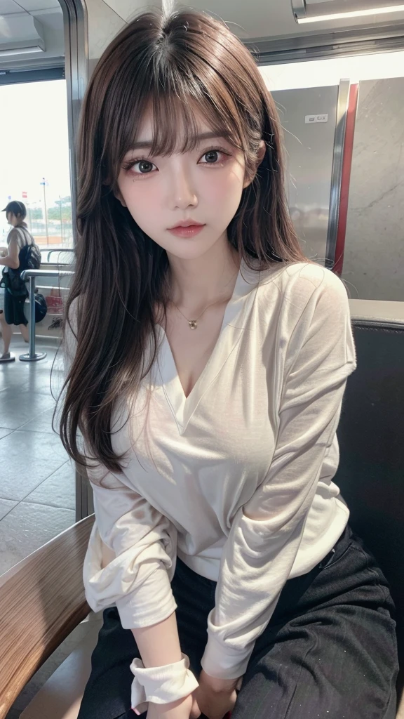Realistic photos (1 cute Korean star) Reverse hair, light makeup, Middle breast size, Orange polo shirt, At the train station, Canon EOS Clear Facial Features, 16K, High resolution, Sharp and realistic details,  Exposure, interrupt, 超High resolution, High resolution, Highest quality