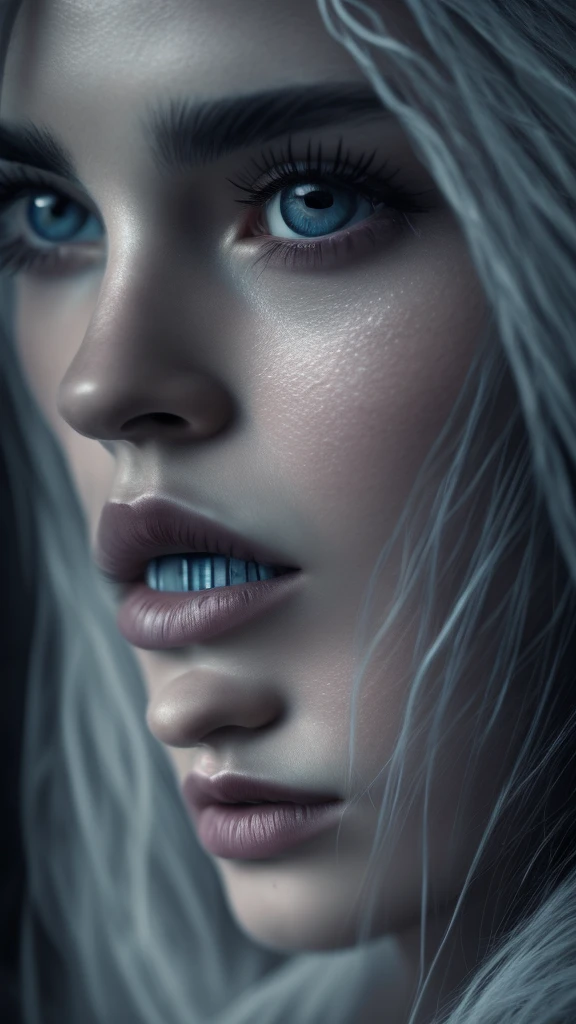a wanderer in the mirror of the moon, detailed portrait of a dreamer, beautiful detailed eyes, beautiful detailed lips, extremely detailed face, long eyelashes, melancholic expression, ice crystals, icicles, frozen lake, fog, winding paths, lost dreams, frozen violins, creaking melodies, frail boats, forgotten stars, ethereal, moody, somber, chiaroscuro lighting, high contrast, deep blues and grays, dramatic atmosphere, painterly, cinematic, (best quality,8k,ultra-detailed,photorealistic,masterpiece:1.2), digital painting