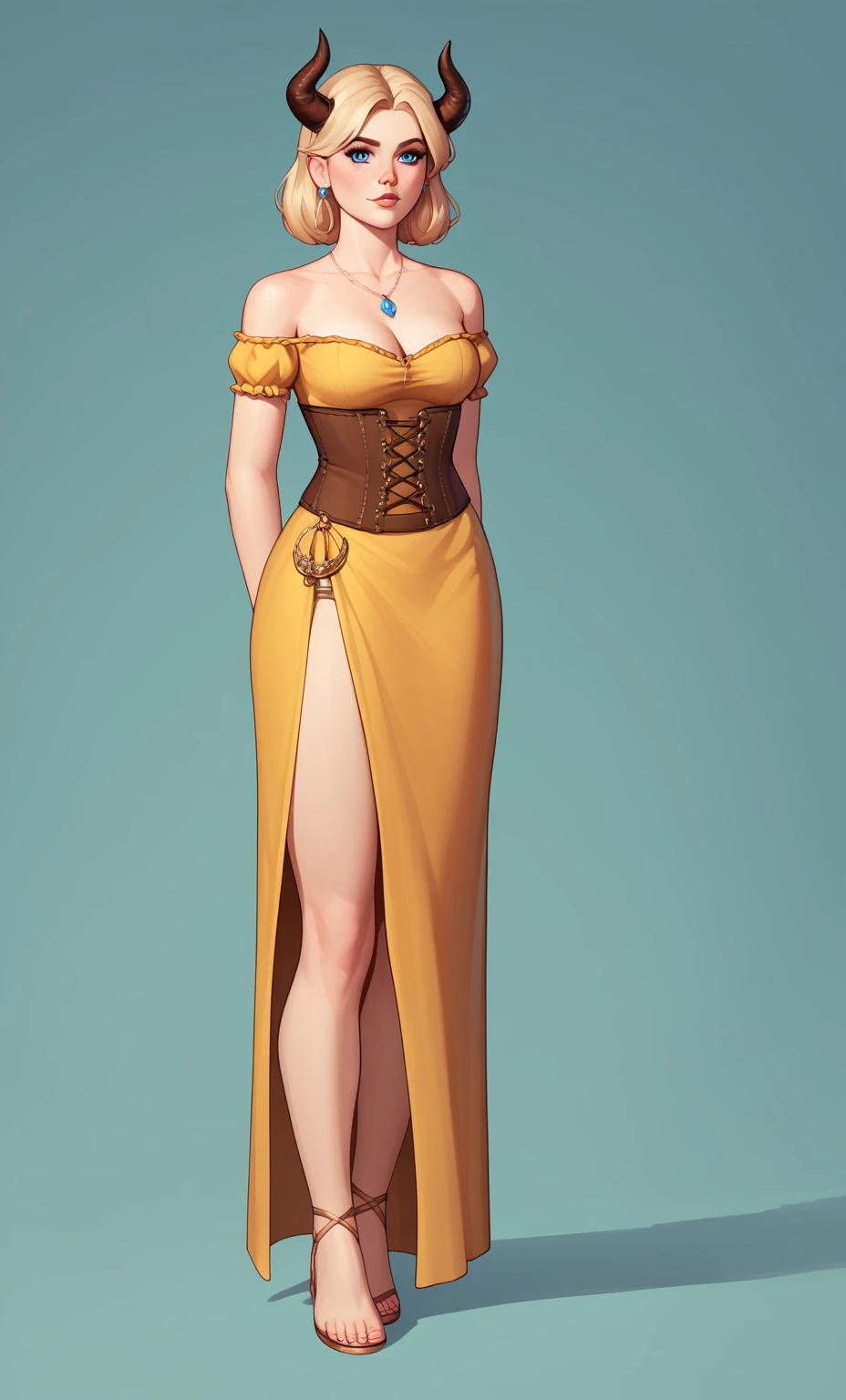 check_9, check_8_up, check_7_up, check_6_up, check_5_up, check_4_up, SorakaLoLXL, masterpiece, Best quality, A high resolution, bbandro, Yellow medieval summer girl, concept, the vines on the hand and the horns from the vine look at the viewer, full length, standing on my feet, legs wrapped in roots, dressed, blonde, Blue eyes