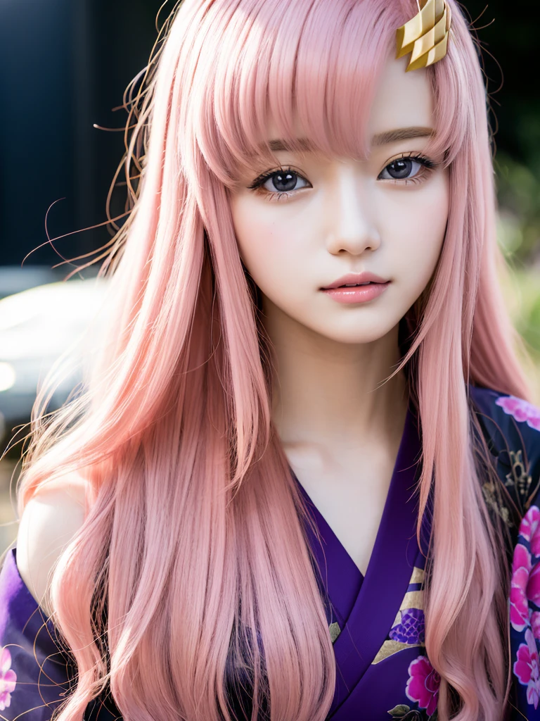 (Highest quality, 16K, masterpiece:1.55), Ultra detailed face, Detailed lips, Detailed eyes, double eyelid, 
BREAK smile, upper body, (Seductive pose:1.6), (high angle shot, dutch angle, dynamic angle),
BREAK 1girl, 20 years old, (large Breasts:1.2), Svelte Body, (big hips:1.2), 
BREAK lacus clyne, (purple eyes:1.1), hair ornament, long hair, wave hair ornament, (light pink hair:1.2), 
BREAK (((Golden hair ornament))), 
BREAK (Japanese Clothes, black and purple and pink intricate pattern kimono),
BREAK outdoor, road,, shrinebackground,
