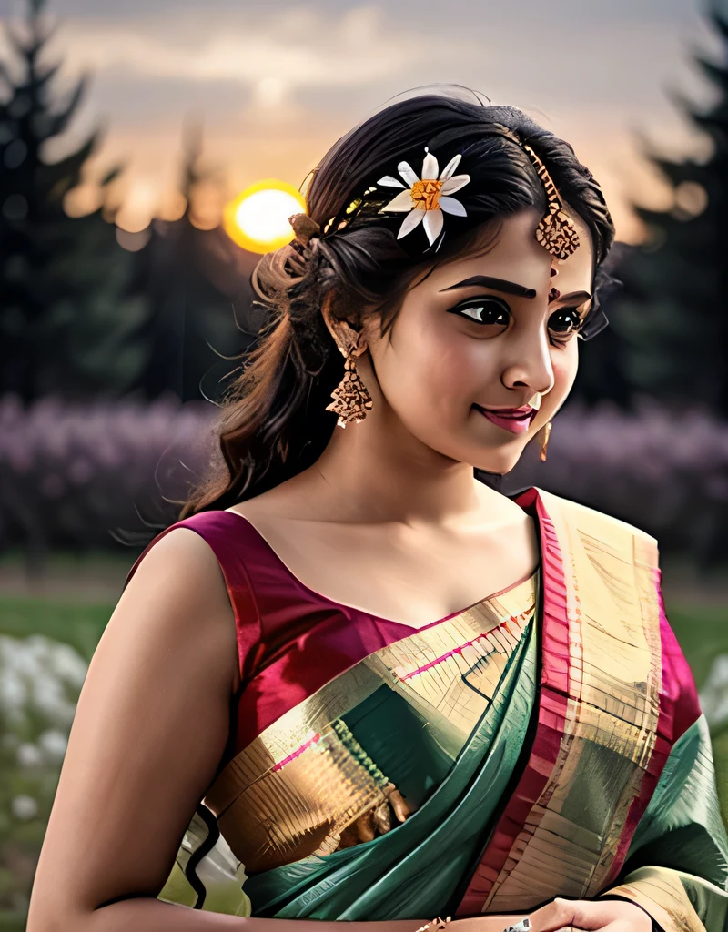 1 cute and beautiful girl, wearing orange saree, flower on hair, masterpiece, best quality, standing under a pine tree, snow falling and sunset time, hyper realistic, beautiful curvy body