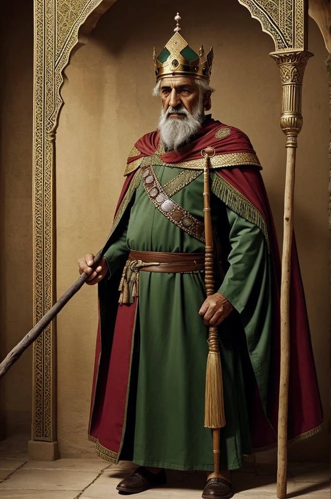 Kiumarth the first king of persia. An old man with very premitive clothes and a cape on his shoulder. A stick in his hand and a simple crown on his head