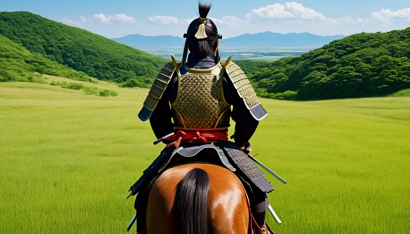 Manga style,Illustrated style,Traditional Japanese samurai armor,Back view,Japanese Landscape,Summer steppe,Fresh greenery,Samurai on horseback,Vibrant colors,Serene atmosphere