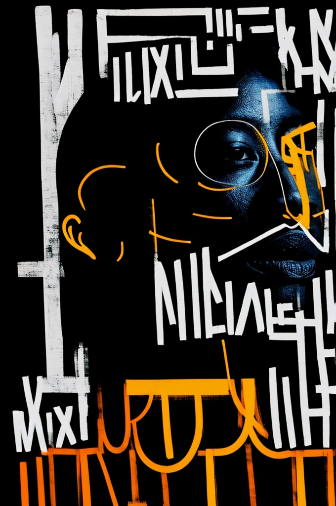 Folks, exotic 1boy, solo, minimal background, black hair, english text, black background, abstract  