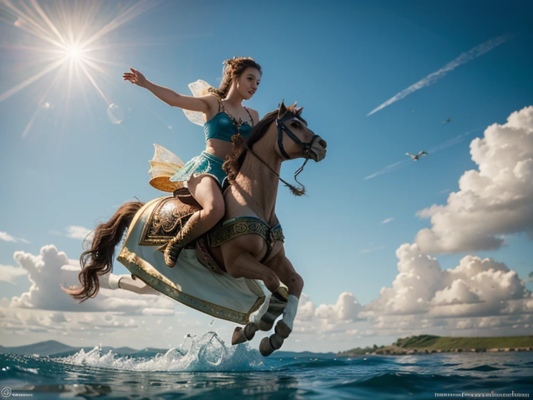 Draw a fairy-tale character "Ivanushka the fool" riding a pony flying over the sea.