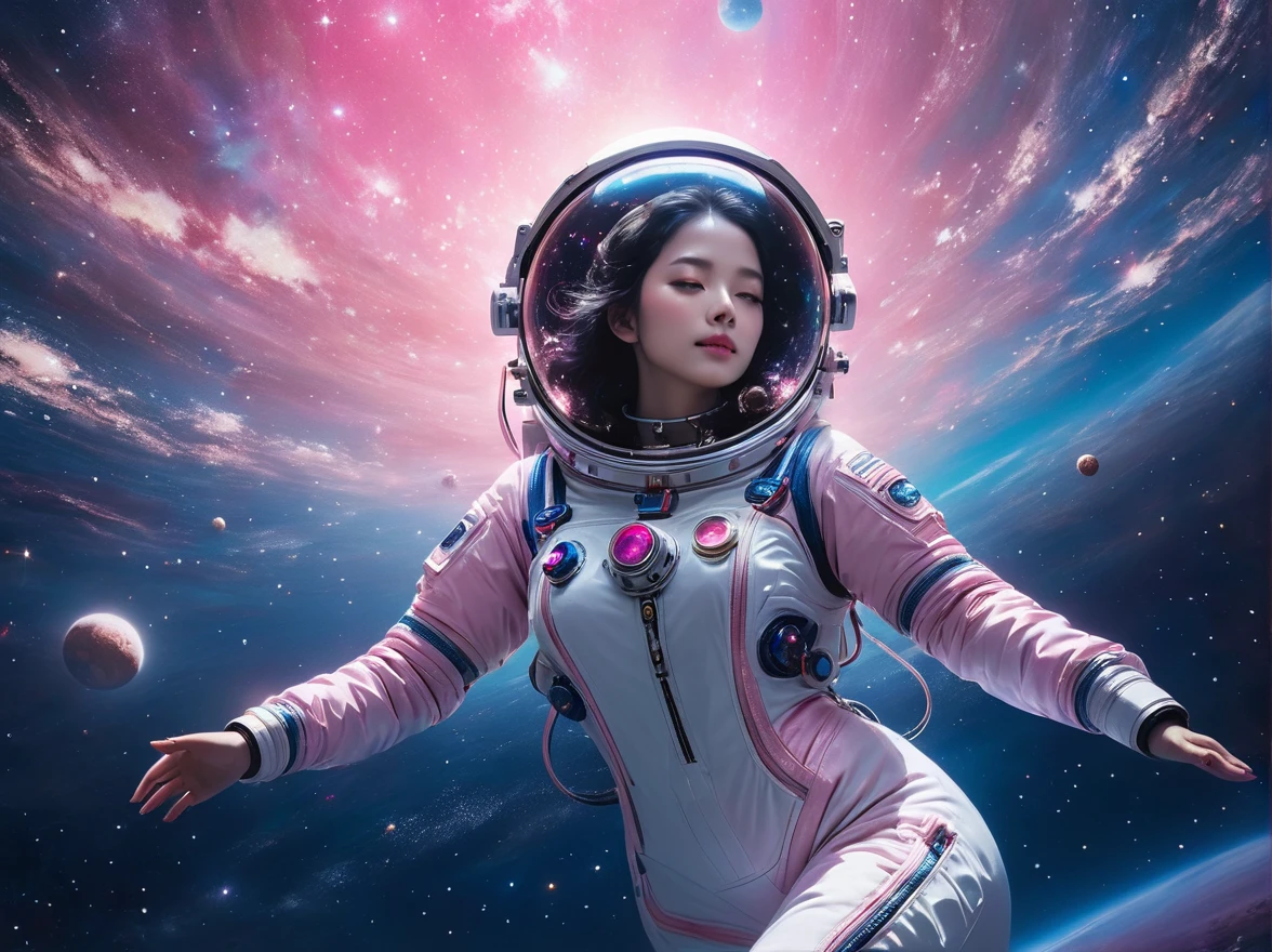 (whole body:1.7)
On pink and blue background、A woman in a space suit floats on water with stars shining in the sky, Chris LaBroy, Amazing visuals, hologram, Space Art
((Highest quality)), ((masterpiece)), Soft oil painting with attention to detail, Detailed Background, dramatic cinematographic lighting, soft edge lighting, Professional, Dramatic lighting, hard edge lighting,
super high quality, 4K,(masterpiece, Highest quality, 8K, ultra High resolution, High resolution:1.4), Very detailed
