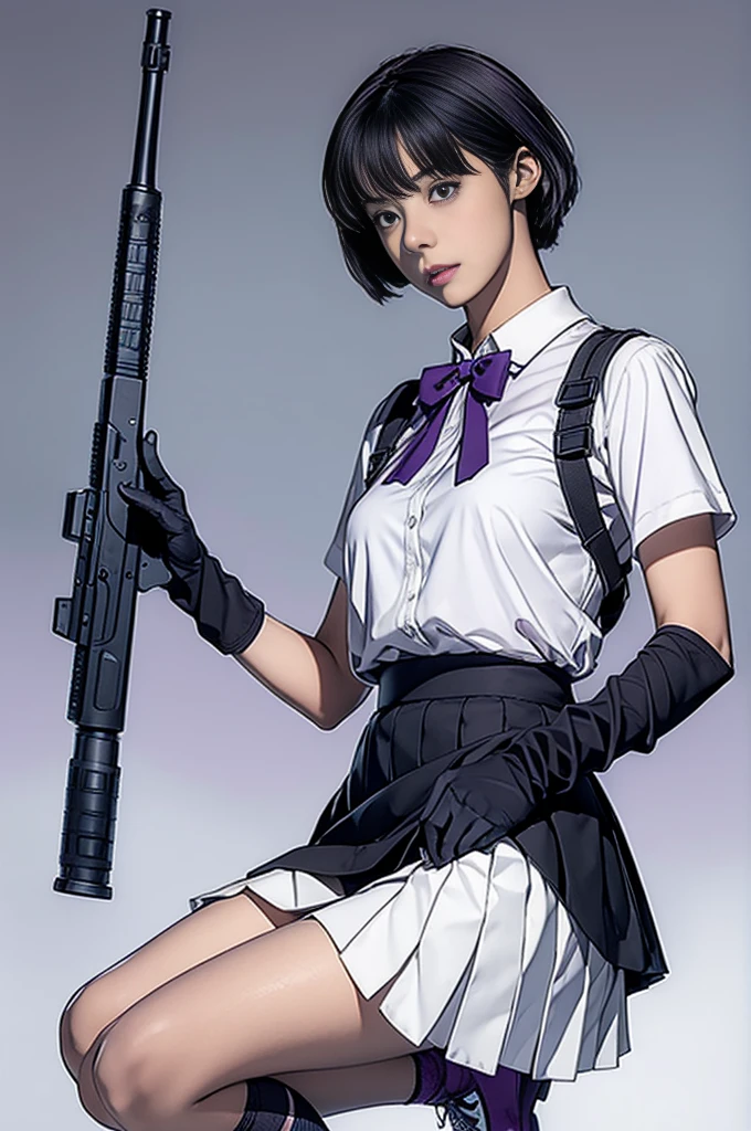 Elaizaikedareal, 1girl, solo, short hair, skirt, shirt, gloves, white background, bow, holding, , purple eyes, white shirt, weapon, purple hair, pleated skirt, shoes, black gloves, socks, bowtie, holding weapon, gun, sneakers, holding gun, armband, rifle, grey skirt, headset, assault rifle, grey gloves, load bearing vest