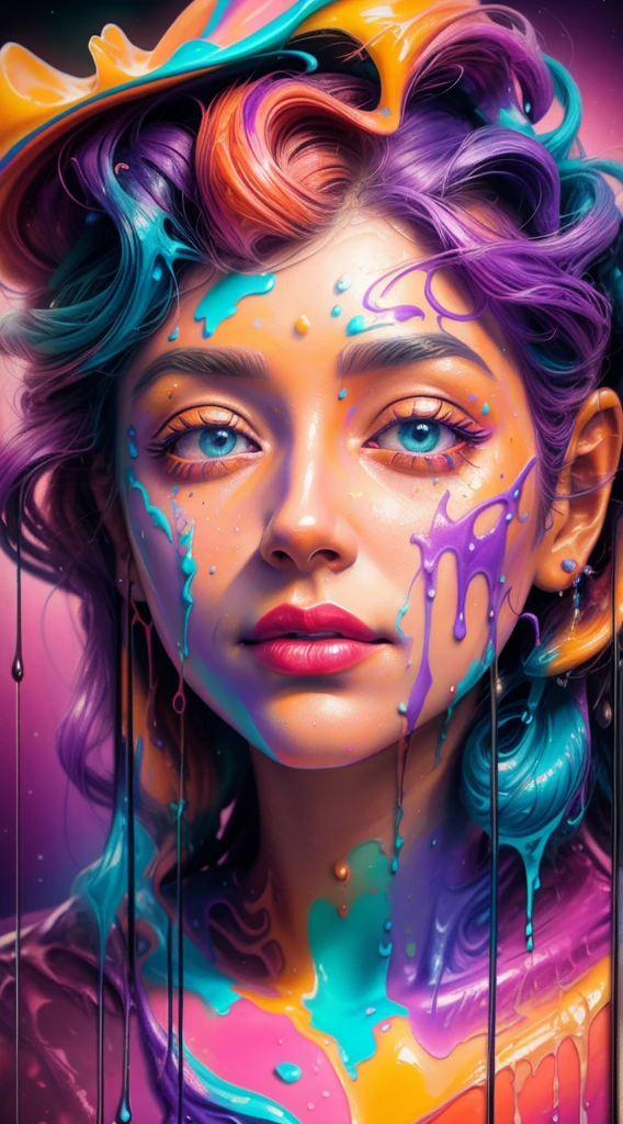 a close up of a sculpture of a woman with purple and orange paint, dripping with color, face submerged in colored oils, 3d digital art 4k, colorful melting human head, vibrant colors hyper realism, cute digital art, color Art, Beeple e Jeremias Ketner, vibrant digital painting, detailed painting 4k, beautiful art uhd 4k