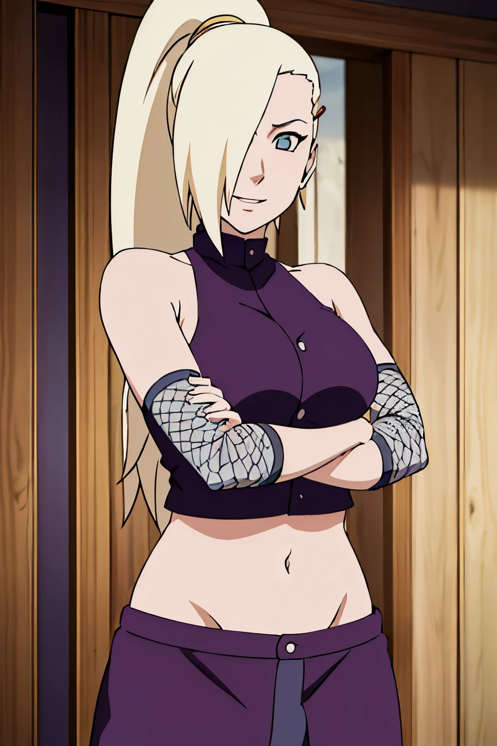 (posing for viewer), Ino yamanaka, looking at the viewer, attractive, cowboy shot, ultra detailed face, sunny day, day time, upper body view, anime style, solo, detailed home, blonde, (focus on face), ((one eye covered with hair, hair over eye)), medium breasts, belly button, looking at the viewer, thick arms, (off-shoulders, wide shoulders, curving body), hidden eye, smile, open mouth, very happy, tall, hair clip, sharp look, sharp face, sharp eye, cold colors,