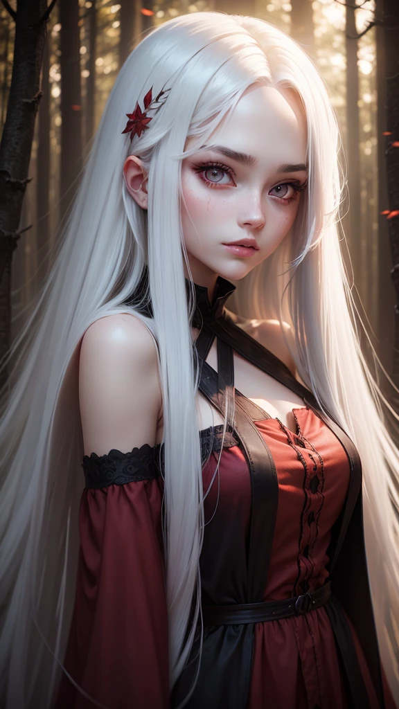 Beautiful girl with long white hair, Fair skin, And red eyes, In the woods with cinematic lighting, It's dark and there's little light. She is wearing a golden white dress, Her eyes were focused, Looking at the audience. Her skin is white, Her face was delicate and perfect., masterpiece, Top quality artwork. This image is an incredibly detailed 8K CG wallpaper., Cinematic tones with artistic cinema lighting and neutral filters.