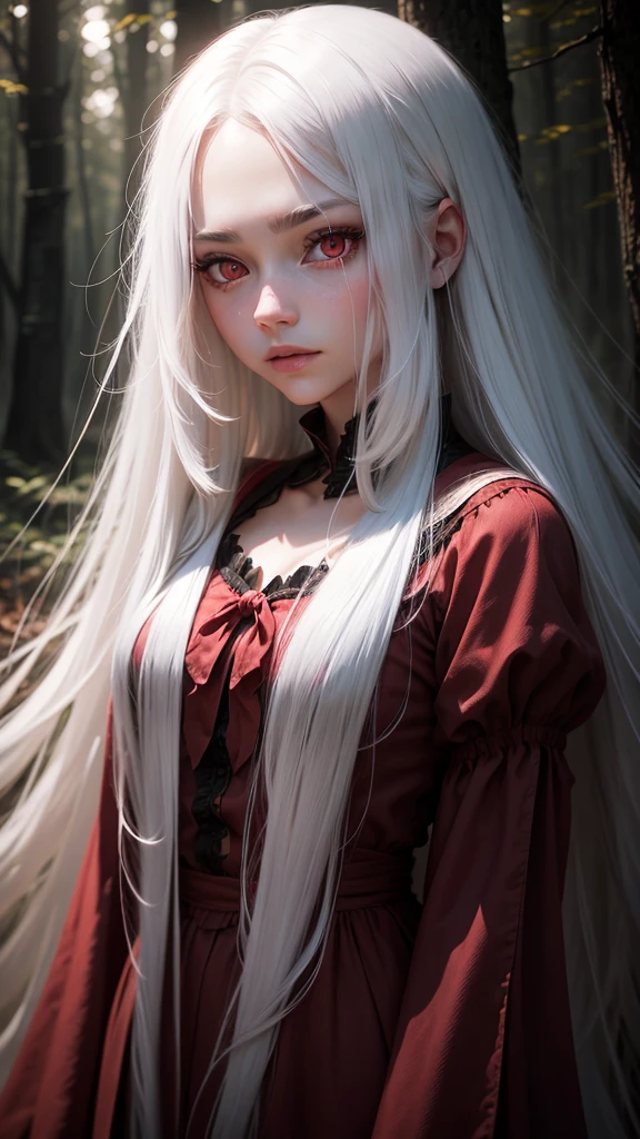 Beautiful girl with long white hair, Fair skin, And red eyes, In the woods with cinematic lighting, It's dark and there's little light. She is wearing a golden white dress, Her eyes were focused, Looking at the audience. Her skin is white, Her face was delicate and perfect., masterpiece, Top quality artwork. This image is an incredibly detailed 8K CG wallpaper., Cinematic tones with artistic cinema lighting and neutral filters.