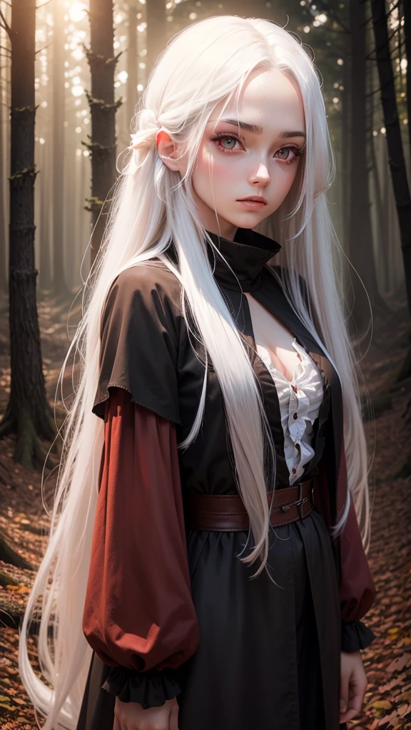 Beautiful girl with long white hair, Fair skin, And red eyes, In the woods with cinematic lighting, It's dark and there's little light. She is wearing a golden white dress, Her eyes were focused, Looking at the audience. Her skin is white, Her face was delicate and perfect., masterpiece, Top quality artwork. This image is an incredibly detailed 8K CG wallpaper., Cinematic tones with artistic cinema lighting and neutral filters.