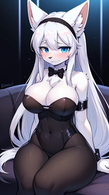 best quality, best resolution, (fluffy anthro furry), arctic fox girl, silver hair, fox ears, blue eyes, (white fur), long straight hair, big breast, sophisticated manner, (black strapless leotard, mesh fishnet pantyhose, bowtie, cuffs, headband with ears), sitting, night club, embarrassed expression, cash stuufed into cleavage
