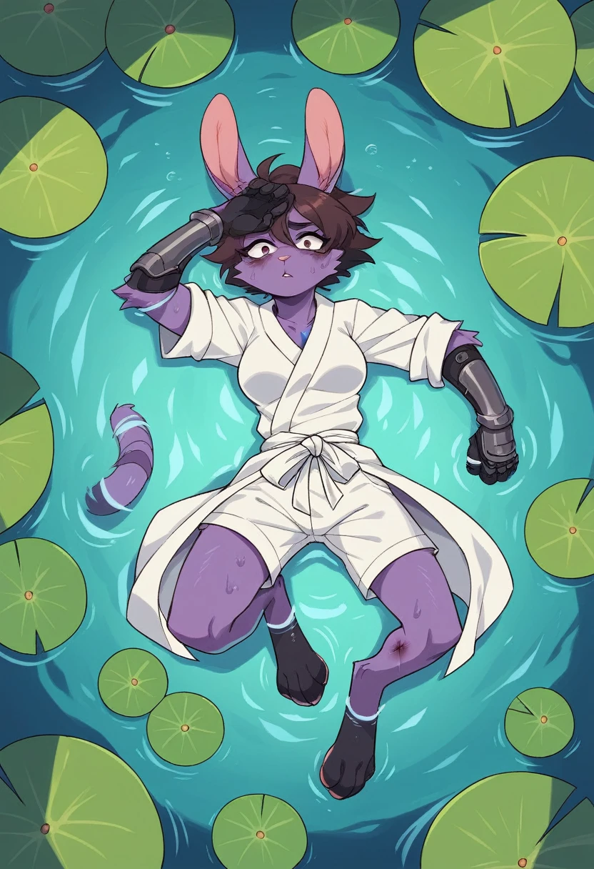 create a picture of a female half rabbit character with purple giant rabbit digitigrade legs with white paws and black stains, put purple rabbit ears on top of her head with black stains, make her wearing a white bathrobe and small white shorts, put purple fur on her arms from her elbows down, give her short brown hair, make her legs look fluffy and furry, make it in an anime style, make her look super relaxed and like she’s dreaming, give her black gauntlets, make her look bruised, give her moderate breasts, make her laying down flat on her back with her whole body floating in a body of deep water with her arms and legs spread out in the water, make the water look steamy