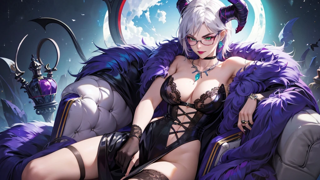 8k, masterpiece, best quality, highly detailed, 1 girl, tiefling, warlock, multicolored hair, very short straight hair green highlight hair on white hair, strippled hair, wearing glasses, round glasses, earrings, red eyeshadow, long eyelashes, navel piercing, blushed cheek, red lips, necklace, rings, collarbone, mole, glamorous, purple and teal clothing, villainy, smirk, seductive face, close up view, rings, looking at viewer, demon horns, solo, royal dress, black lace gloves, fur coat, palace, blue pale moon, sitting on throne, queen of diamand.