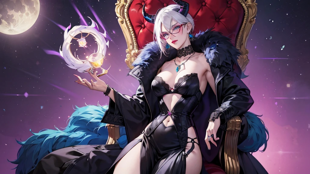 8k, masterpiece, best quality, highly detailed, 1 girl, tiefling, warlock, multicolored hair, very short straight hair green highlight hair on white hair, strippled hair, wearing glasses, round glasses, earrings, red eyeshadow, long eyelashes, navel piercing, blushed cheek, red lips, necklace, rings, collarbone, mole, glamorous, purple and teal clothing, villainy, smirk, seductive face, close up view, rings, looking at viewer, demon horns, solo, royal dress, black lace gloves, fur coat, palace, blue pale moon, sitting on throne, queen of diamand.