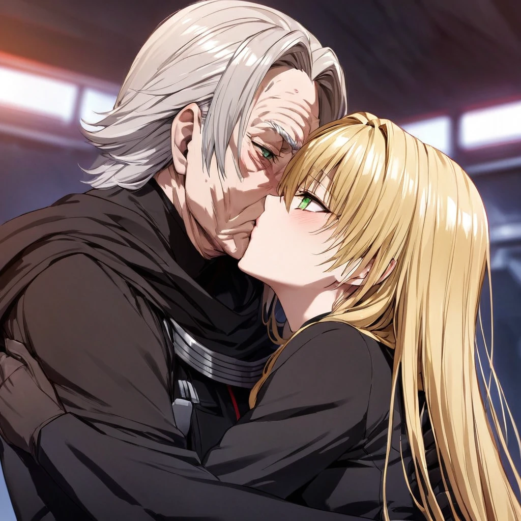 ((Highest quality)), ((masterpiece)), (detailed), (Perfect Face)、The woman is a tiare with green eyes and medium-long blonde hair. She is wearing a shiny catsuit with luxurious gold embroidery and trim, shiny black boots, and a black cloak.、The woman pledges her loyalty to Emperor Palpatine, and they embrace, love, and kiss.、The woman is standing close to the Emperor, and the dignified old Emperor Palpatine is holding her close, kissing her and loving her.、The man is Darth Sidious, Emperor Palpatine, Dark Lord of the Sith, a wrinkled, dignified, ugly old man wearing a black hooded robe, embracing, kissing and fondling a woman.