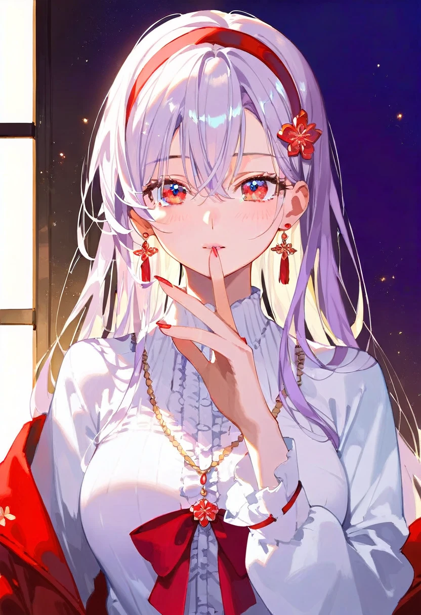 Alisa Mikhailovna Kujou,Tomorrow, my friend, Arya-san, will be visiting Russia.、(Perfect Face, Detailed face, Beautiful Eyes,Perfect hands,Perfect Fingers)、Red face、((vapor))、hot、Maternal, feet, alone, 1 Girl, Silver Hair,Long Hair, Red ribbon hair ornament,Thin hair ornament、Big eyes, Masturbation,Blushed、Dirty Face、Expressionless、 (masterpiece:1.2, Highest quality), (細かくてBeautiful Eyes: 1.2), (Beautiful and dense face), (Sharp facial hair between the eyes)、Underwear is visible、, grinding, Transparent panties、Large Breasts、Neon lighting、look up