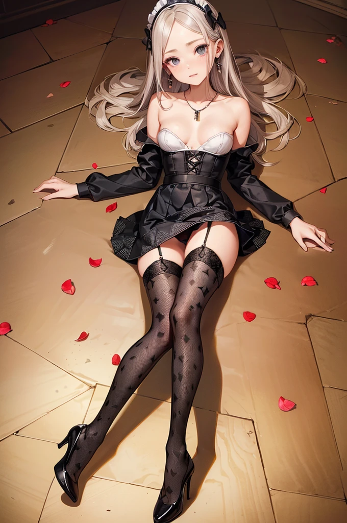 ((Biologically correct limb count)),(( From head to toe,Full-body photo including face)),4K,((Standing position)),masterpiece,((Focus on the face)),((Symmetrical facial features)),Eyes with detailed description,Beautiful woman,Great style,Beautiful arms,Beautiful legs,Beautiful Hands,(Small Ass,Thin thighs),Facial detailing,Small earrings,necklace,(Enamel maid outfit、mini skirt((Black high heels,Black patterned stockings))),Realistic photo,Lying on the linoleum floor,Low angle photo,A little panchira,Rose petals are scattered all around、
