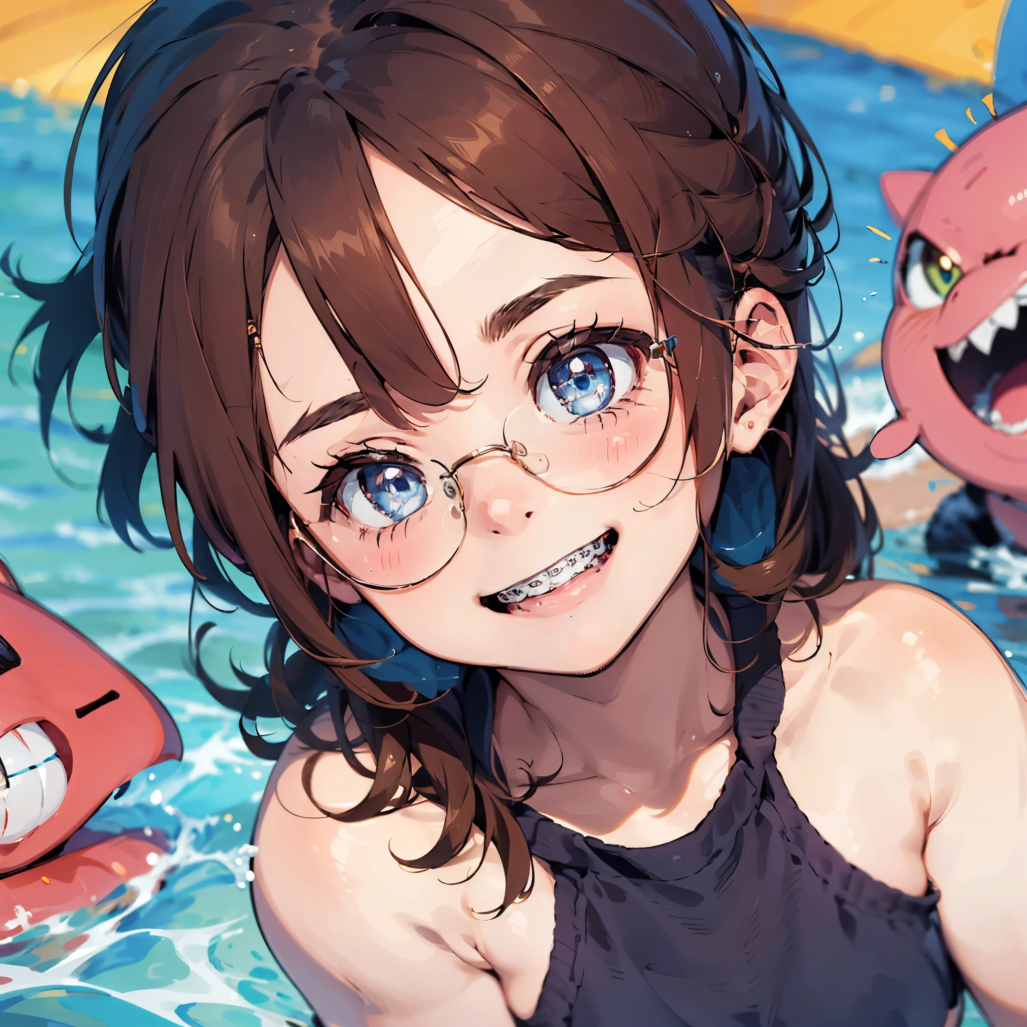 1girl, seductive eyes, braces, glasses, smiling, cute, face focus, blue eyes, blush, brown hair, bikini, best quality, masterpiece, highres