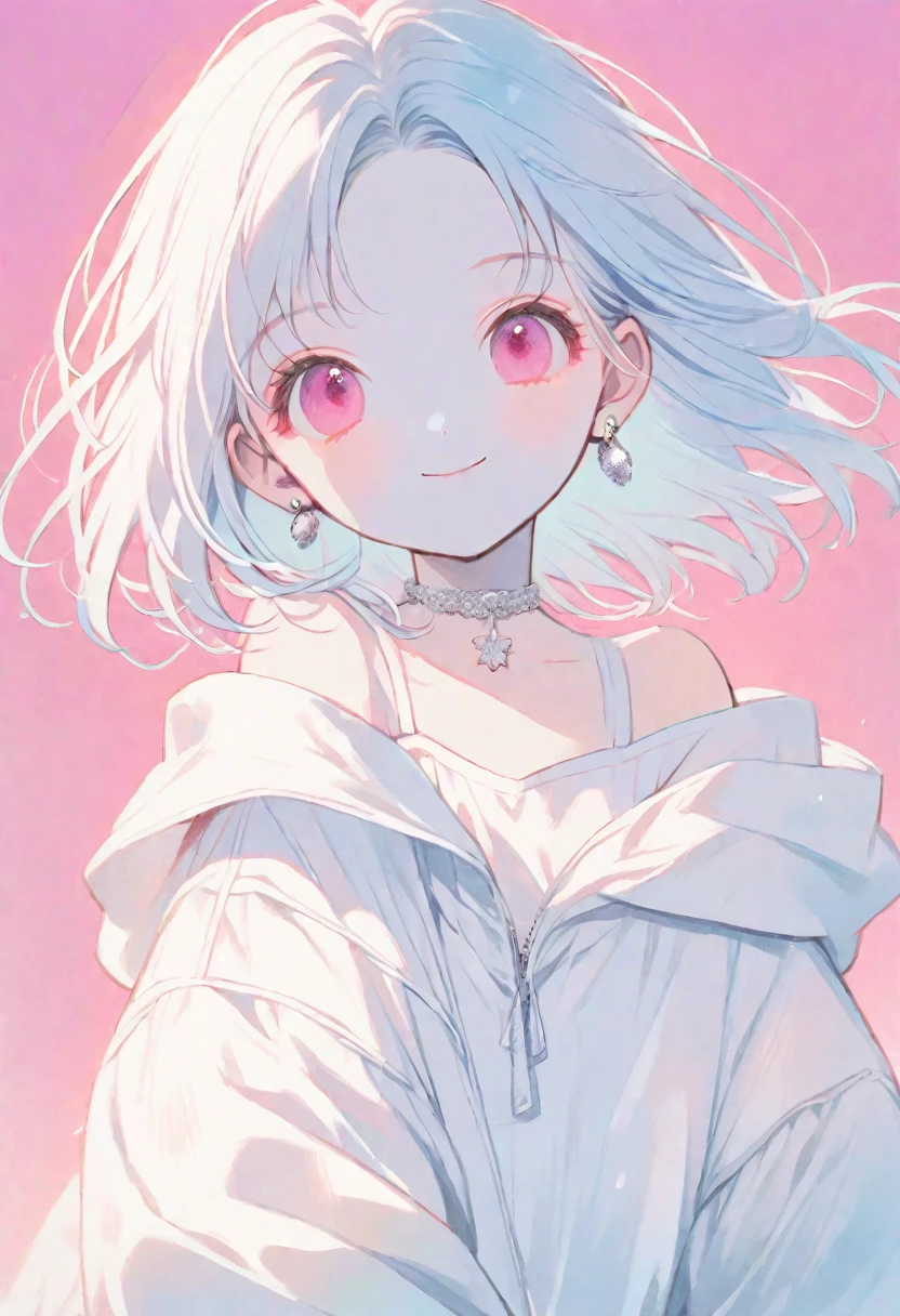 solo, handsome, monotone,
1. Female,
Hime cut,Straight Hair,Bob Hair, 
light blue hair, 
Nakano Yotsuba,
pink Eyes,Soft look,beautiful,beautiful,Sexy,Darkness,Lots of silver earrings,choker,
White Off Shoulder,White Distressed jeans, hoodie ,smile,skin,Summer,
simple background ,
pink  background,