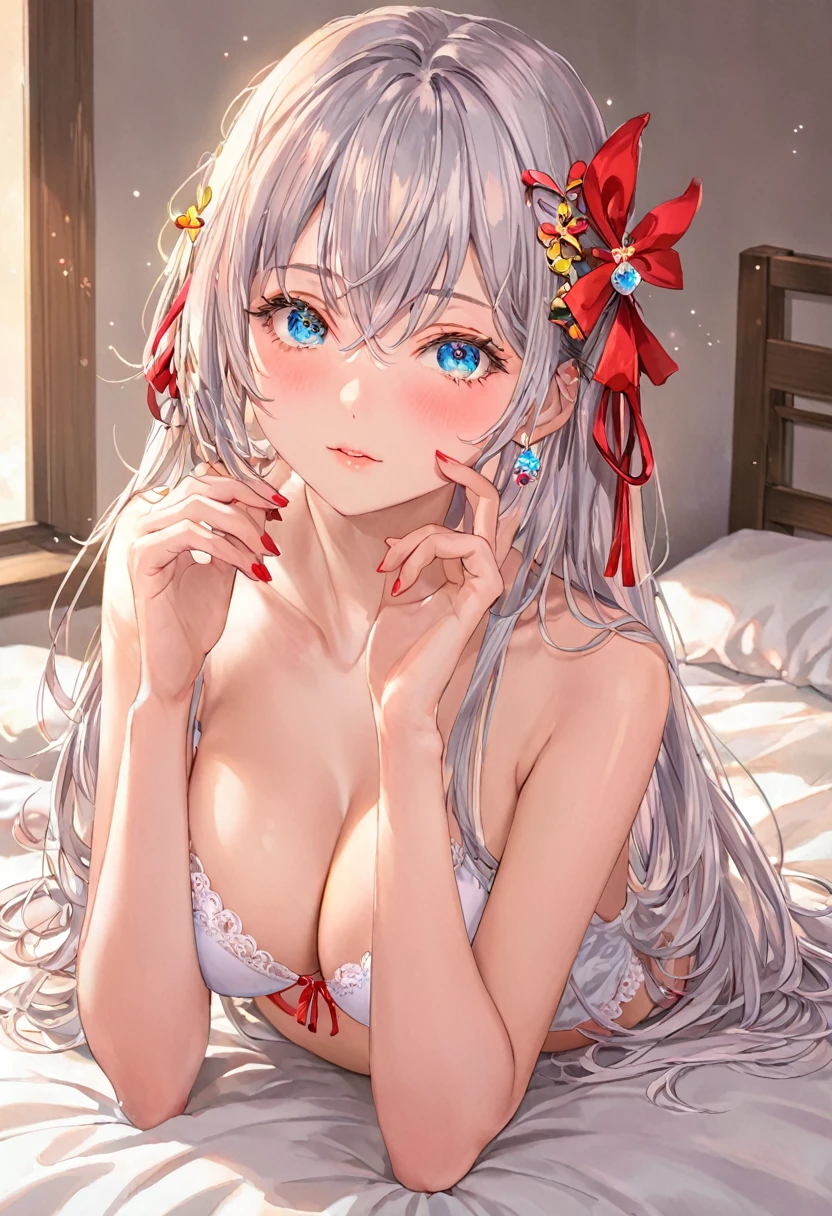Alisa Mikhailovna Kujou,Tomorrow, my friend, Arya-san, will be visiting Russia.、(Perfect Face, Detailed face, Beautiful Eyes,Perfect hands,Perfect Fingers)、Red face、((vapor))、hot、Maternal, feet, alone, 1 Girl, Silver Hair,Long Hair, Red ribbon hair ornament,Thin hair ornament、Big eyes, Masturbation,Blushed、Dirty Face、Expressionless、 (masterpiece:1.2, Highest quality), (細かくてBeautiful Eyes: 1.2), (Beautiful and dense face), (Sharp facial hair between the eyes)、Underwear is visible、, grinding, Transparent panties、Large Breasts、Neon lighting、look up