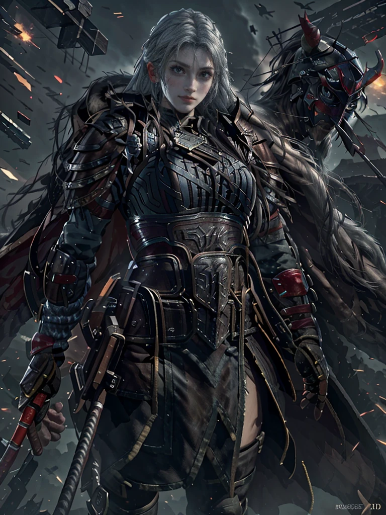 Game Art,Best picture quality,Maximum resolution,8K,(A bust photo),(portrait),(Head close-up),(Rule of Thirds),Unreal Engine 5 rendering works, (Future Girl),(Female Warrior), white hair.
20-year-old girl,((hunter)),Eyes full of details,(Large Breasts),Elegant and noble,indifferent,brave,
(Medieval style fur combat uniform,glowing magic lines,Detailed animal leather female knight,medieval knight,
Photo poses,Simple background,light,Ray tracing,Game CG,((3D Unreal Engine)),oc rendering reflection pattern