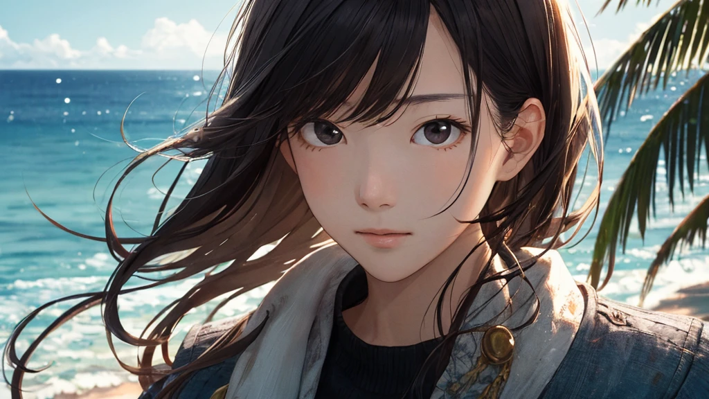 Shiraishi Mei, Looks exactly like Shiraishi Mei,自宅のマンションからOceanの方を向いている後ろ姿、Woman looking up at the sky ,Long Hair, Dark brown hair, 18-year-old, photograph, Realistic, Highest quality, Detailed face, Strong sunlight, Ocean, Embankment, Detailed Background, Diffused sunlight, Written boundary depth, Bokeh (Highest quality: 1.2), (masterpiece: 1.2), Watch Viewer, one piece, White Theme, ,Vision、(((Panorama:1.2)))