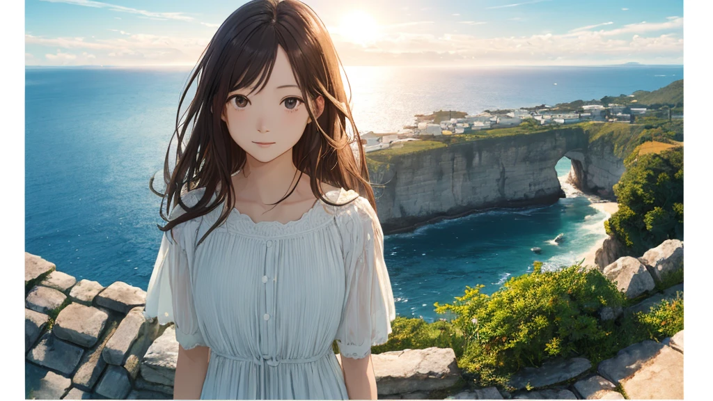 Shiraishi Mei, Looks exactly like Shiraishi Mei,自宅のマンションからOceanの方を向いている後ろ姿、Woman looking up at the sky ,Long Hair,  Dark brown hair,  18-year-old, photograph, Realistic, Highest quality, Detailed face, Strong sunlight, Ocean, Embankment, Detailed Background, Diffused sunlight, Written boundary depth, Bokeh (Highest quality: 1.2), (masterpiece: 1.2), Watch Viewer, one piece, White Theme, ,Vision、(((Panorama:1.2)))