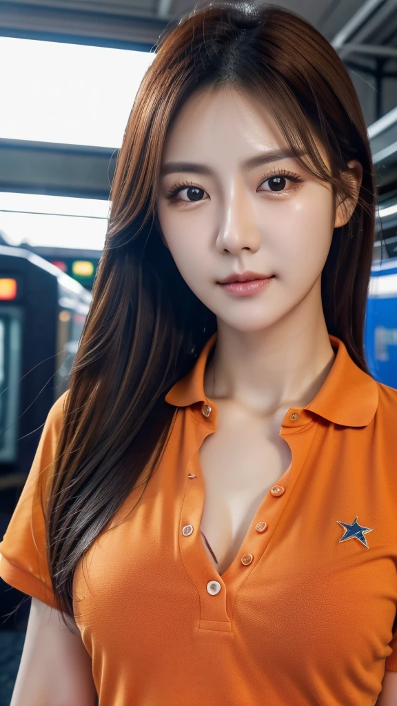 Realistic photos (1 cute Korean star) Reverse hair, light makeup, Middle size, Orange polo shirt, At the train station, Canon EOS Clear Facial Features, 16K, High resolution, Sharp and realistic details, Exposure, interrupt, 超High resolution, High resolution, Highest quality