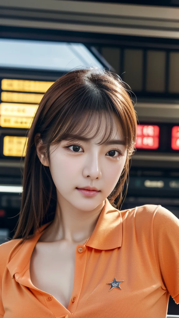 Realistic photos (1 cute Korean star) Reverse hair, light makeup, Middle breast size, Orange polo shirt, At the train station, Canon EOS Clear Facial Features, 16K, High resolution, Sharp and realistic details,  Exposure, interrupt, 超High resolution, High resolution, Highest quality